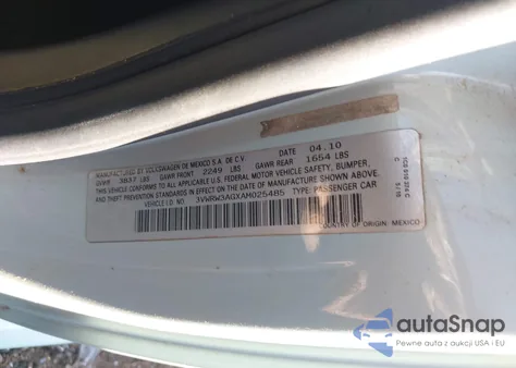 2010 Volkswagen New Beetle 2.5L Final Edition из США, поврежденный, VIN 3VWRW3AGXAM025485